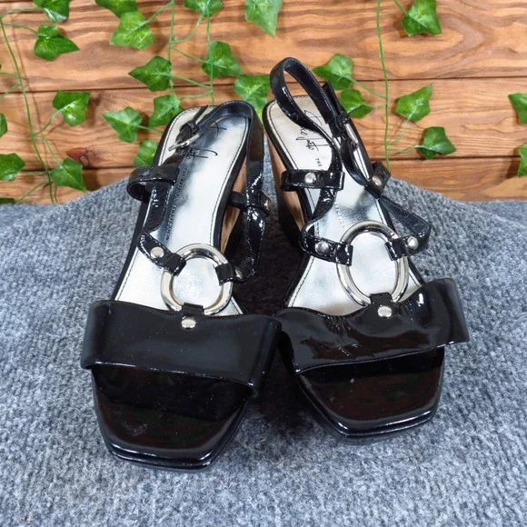 Franco Sarto Glare Women Sandal Size 7.5 Casual Dress Black Patent Leather Wedge - Picture 2 of 6